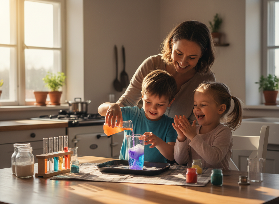 A parent and two kids doing an experiment together