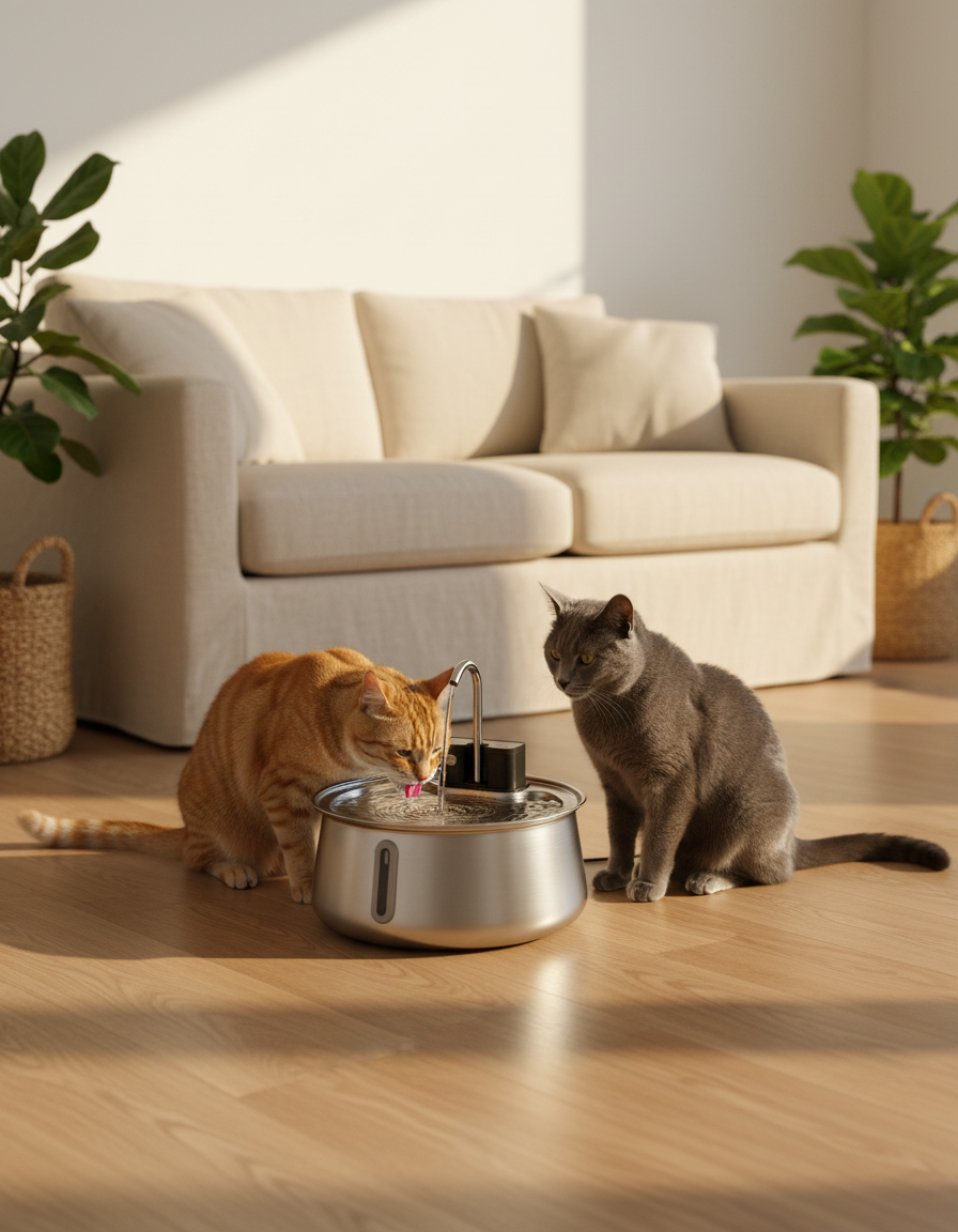 Deux chats partagent la fontaine Felinoe dans un salon ensoleillé