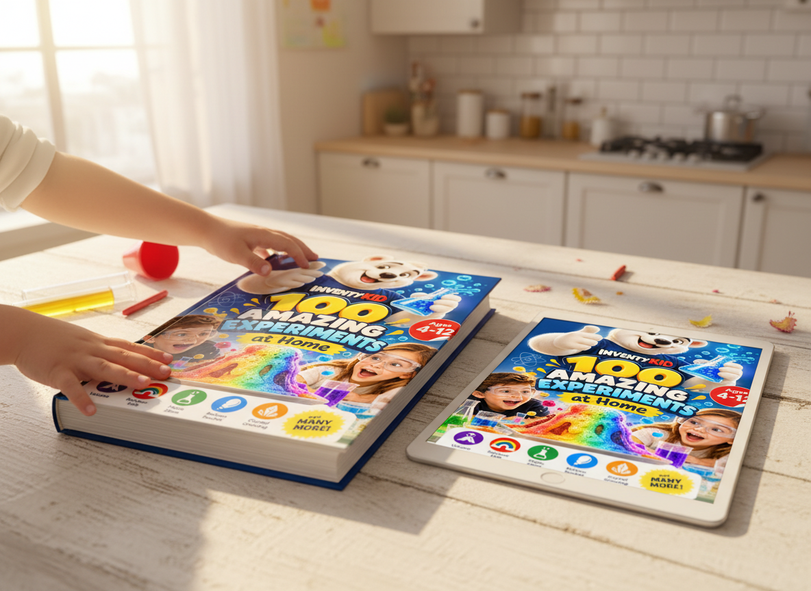 A child opening the 100 Amazing Experiments book on the kitchen table