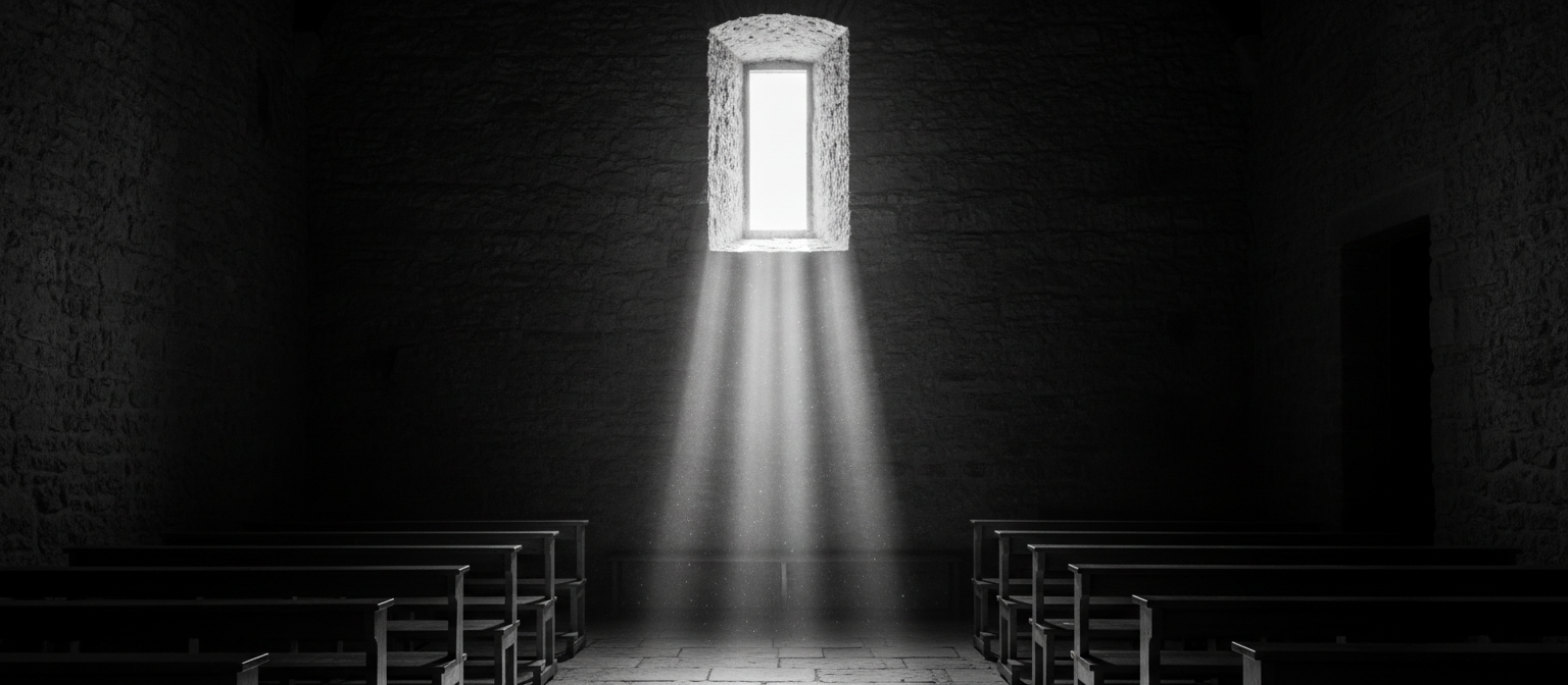 Shafts of sunlight streaming through a tall window into a quiet stone chapel