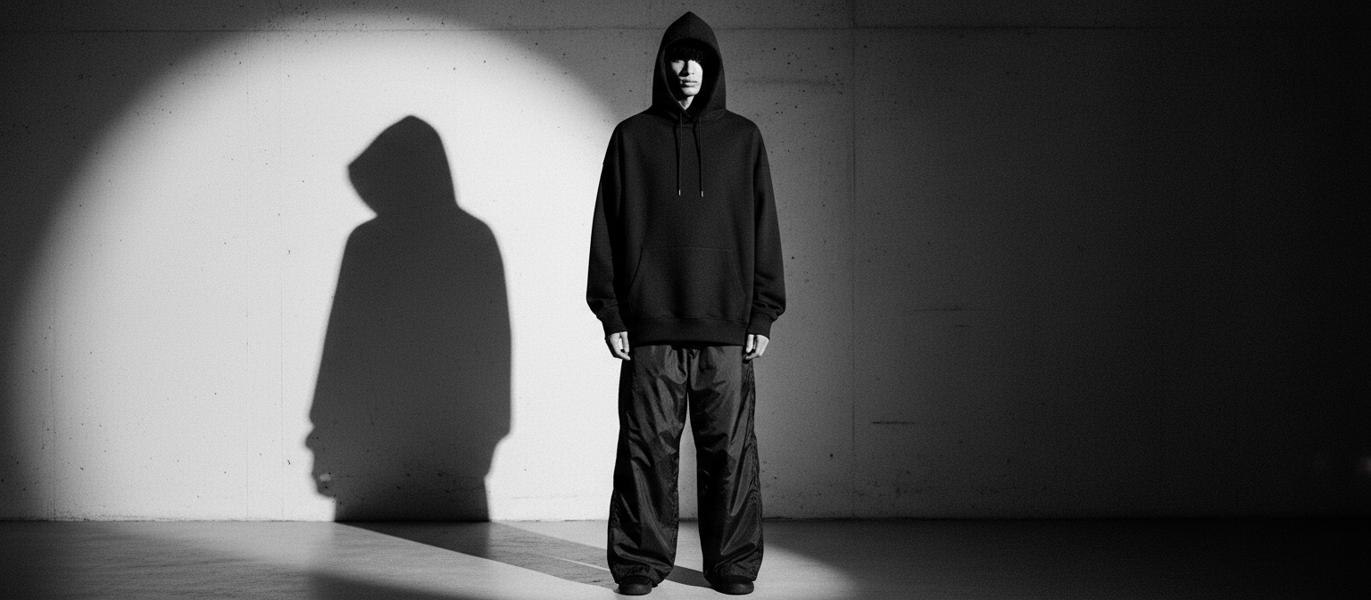 Model in an oversized black hoodie and wide track pants under hard studio light