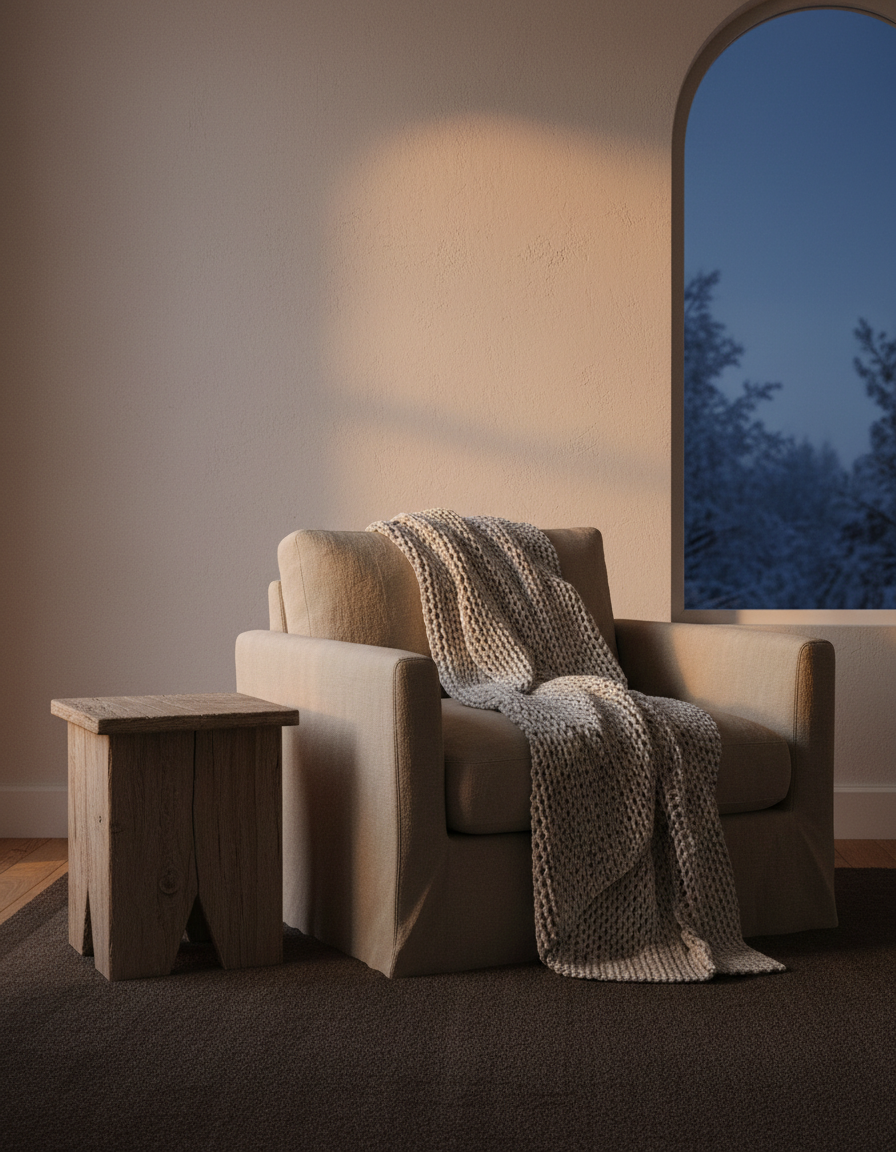 A cozy living room corner with a linen armchair and knitted throw in warm evening light