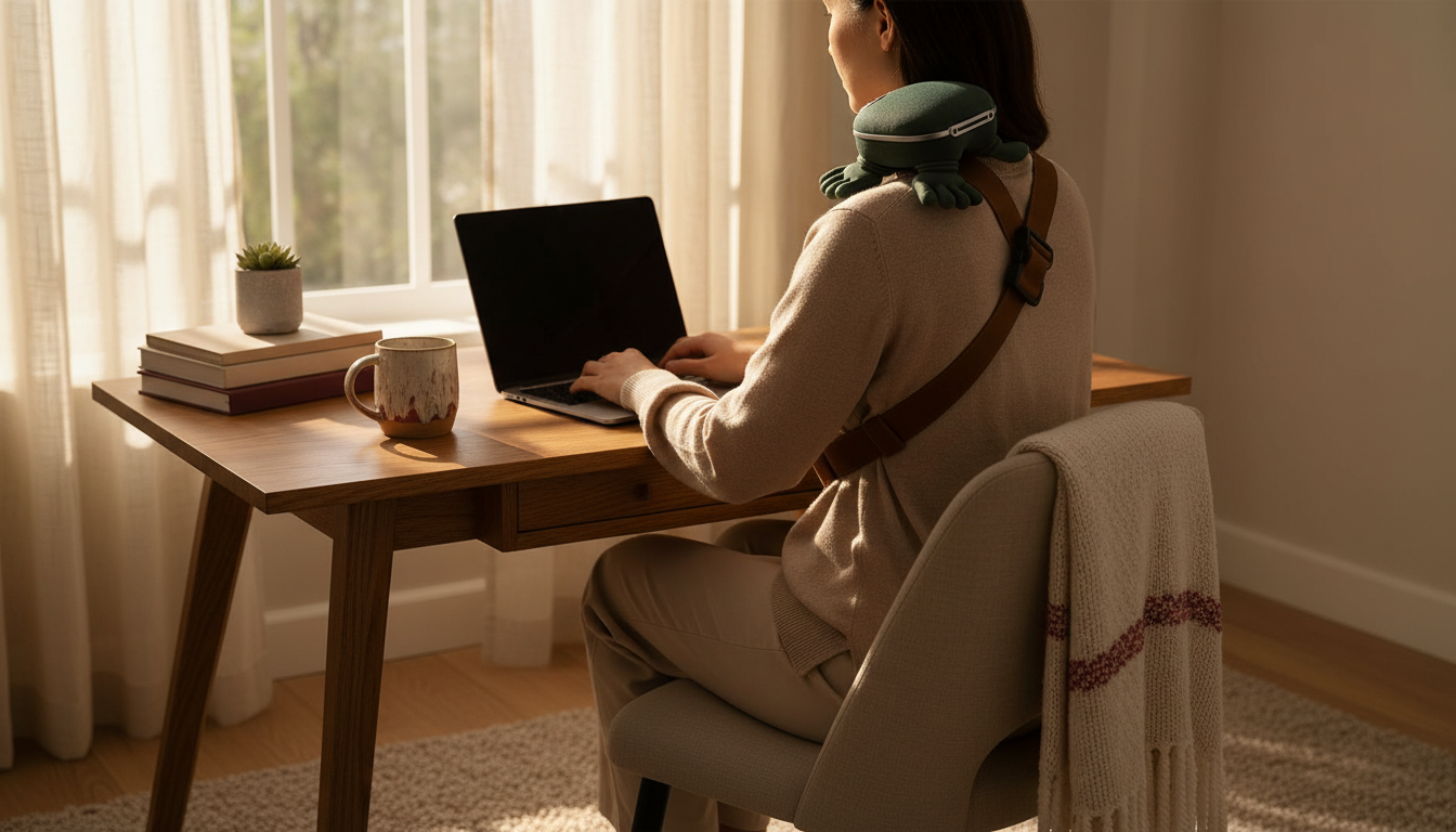 Person working at an oak desk with the massager strapped on their shoulder
