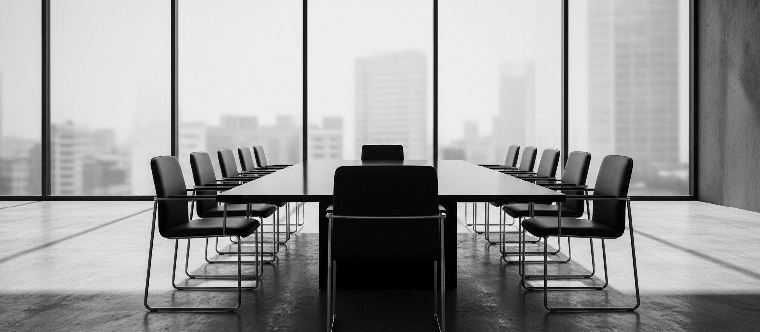 Minimal modern boardroom with a long black table and hard daylight shadows