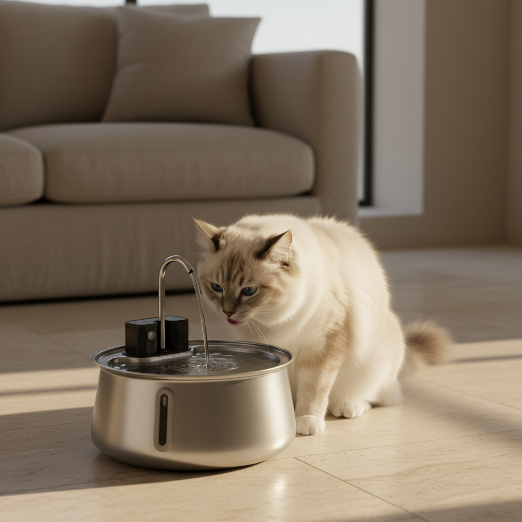 Un chat Ragdoll boit l'eau filtrée qui s'écoule de la fontaine sans fil Felinoe