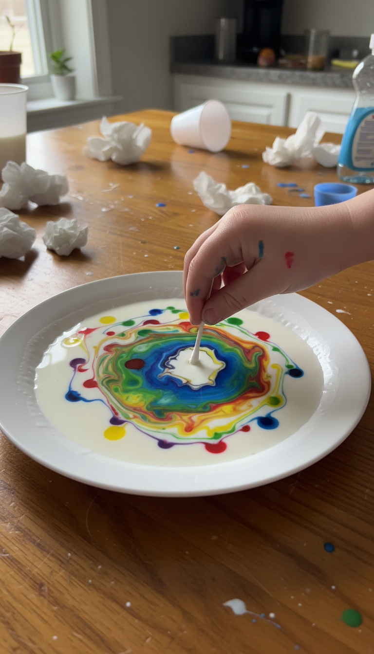 Milk swirling into rainbow colors