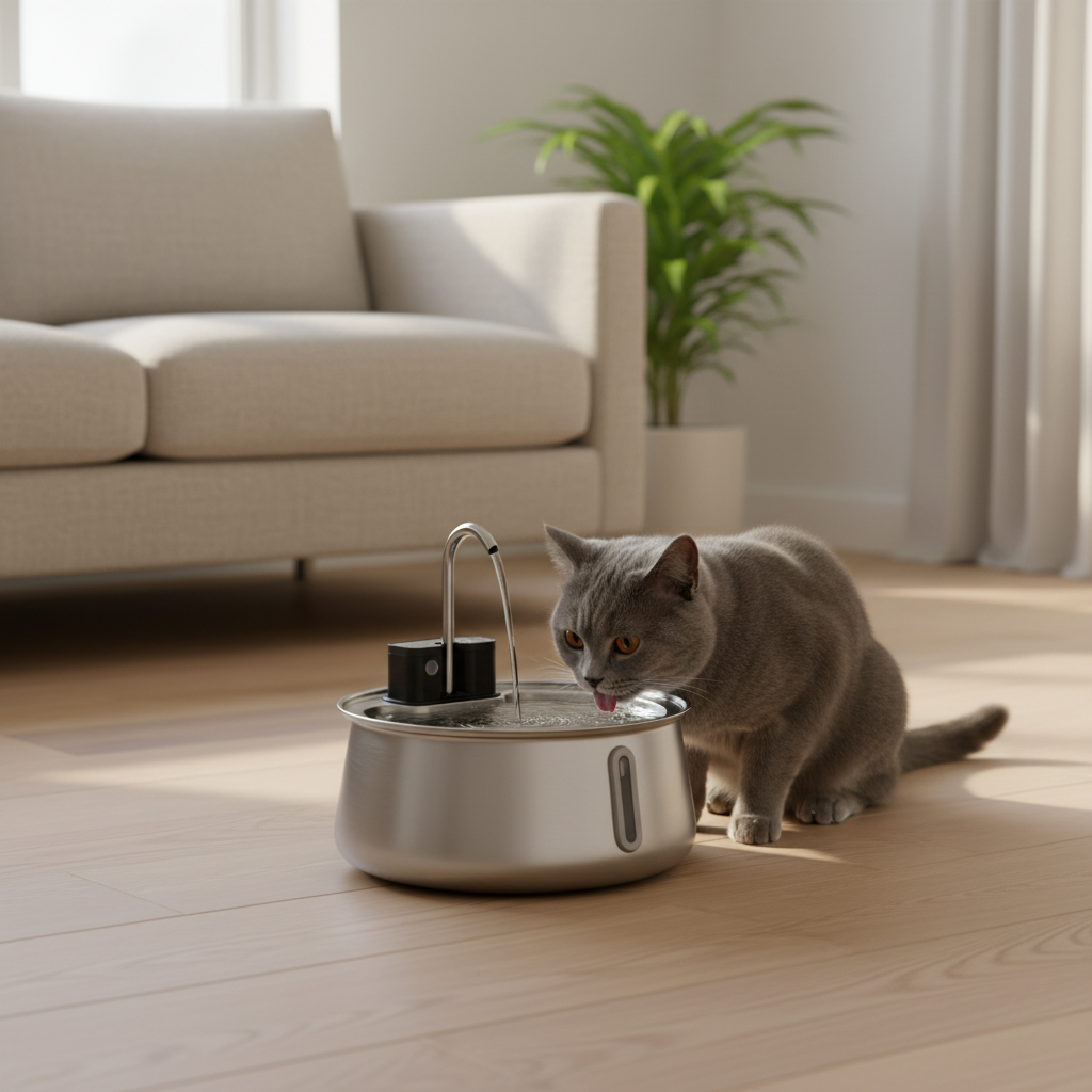 Un chat British Shorthair boit à la fontaine Felinoe posée au milieu du salon, sans aucun câble