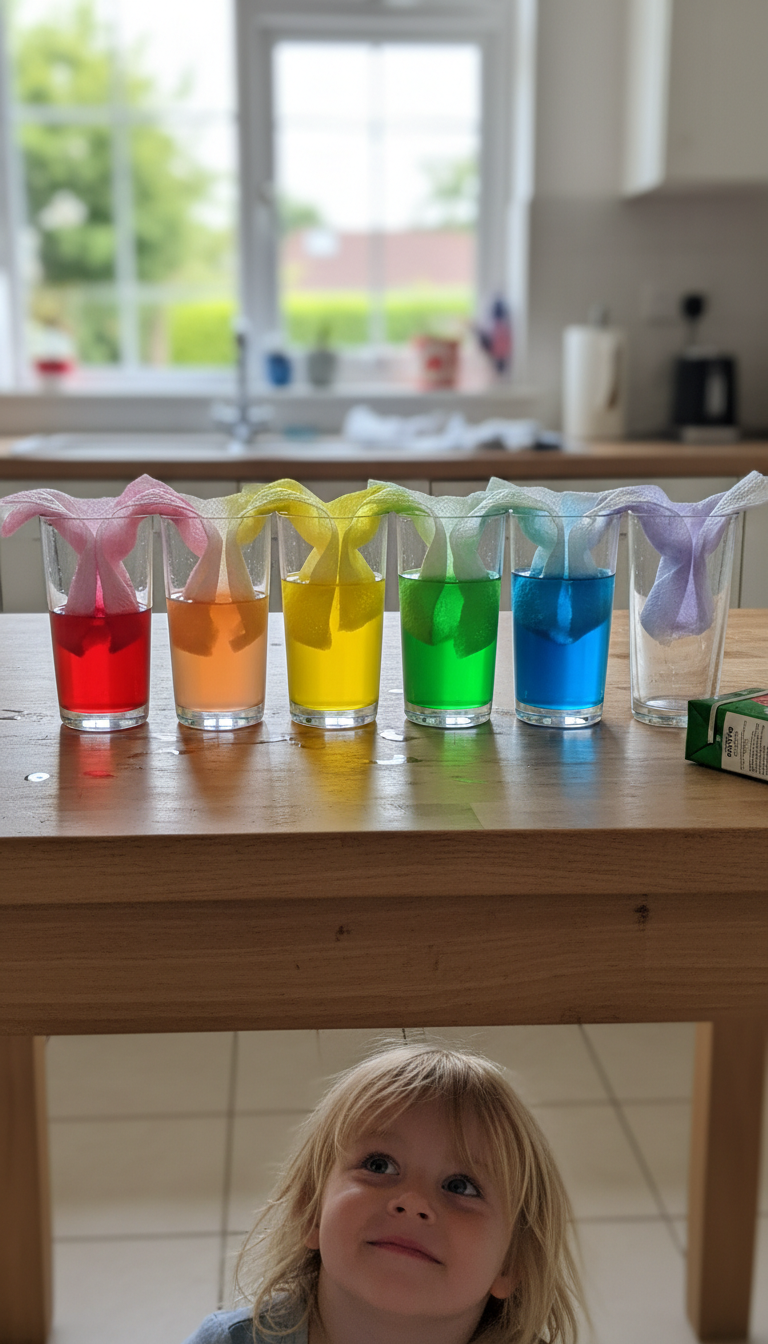 Walking water experiment with colored cups
