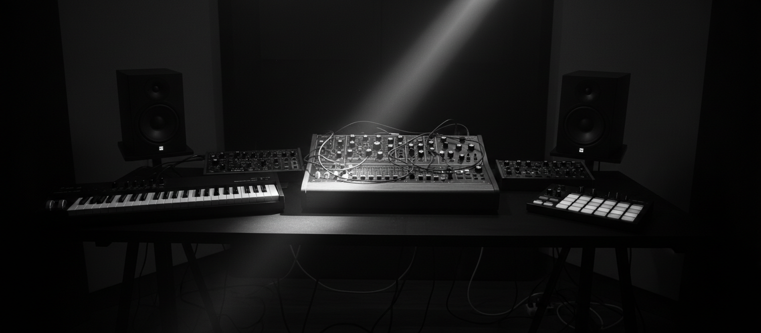 Dark music production studio with synthesizer, keyboard, drum pads and studio monitors under a single beam of light