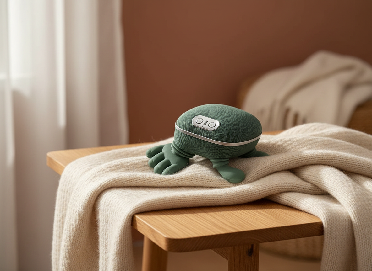 The green massager resting on a folded cream wool throw on an oak side table