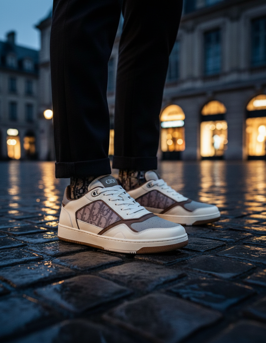 Designersneakers på blöta kullerstenar i en stad i skymningen