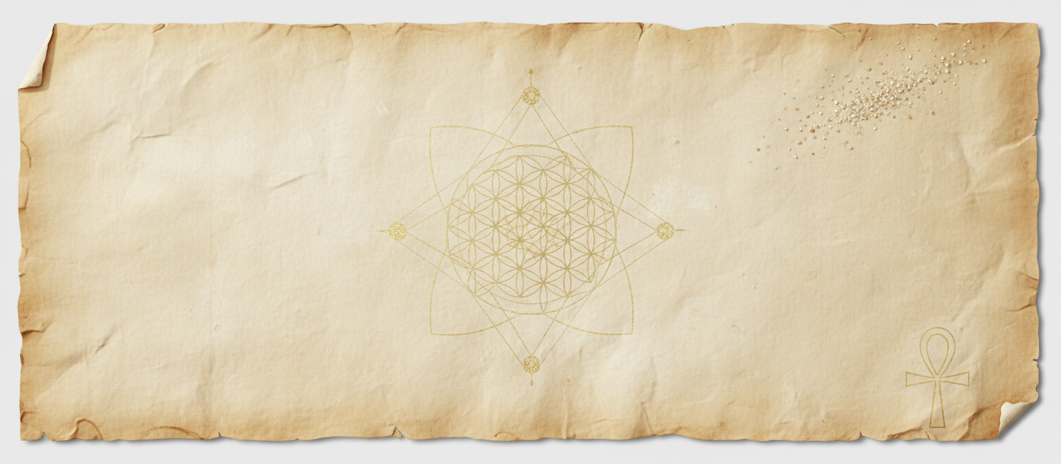 Aged parchment with faint antique-gold sacred geometry and grains of pale gold mineral powder