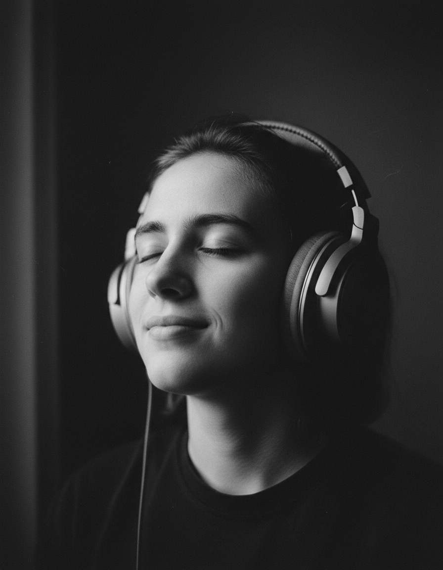Listener with eyes closed wearing over-ear headphones in soft window light