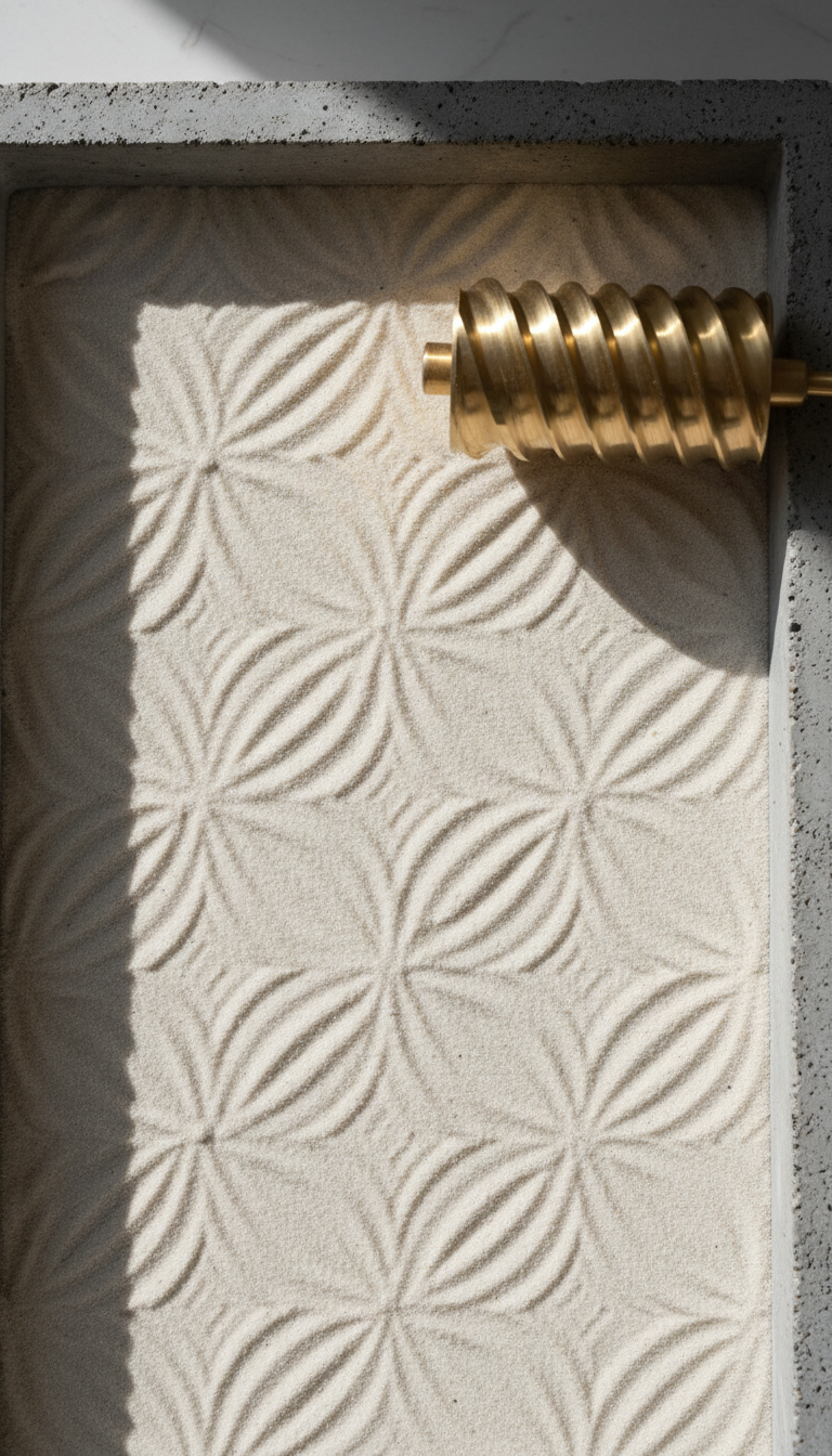 Brass ripple roller pressing geometric ripple patterns into cream quartz sand