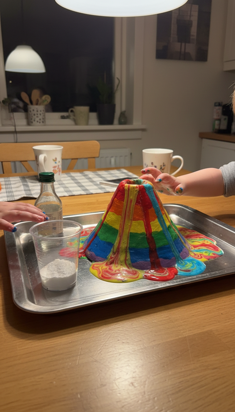 Rainbow volcano erupting on a tray