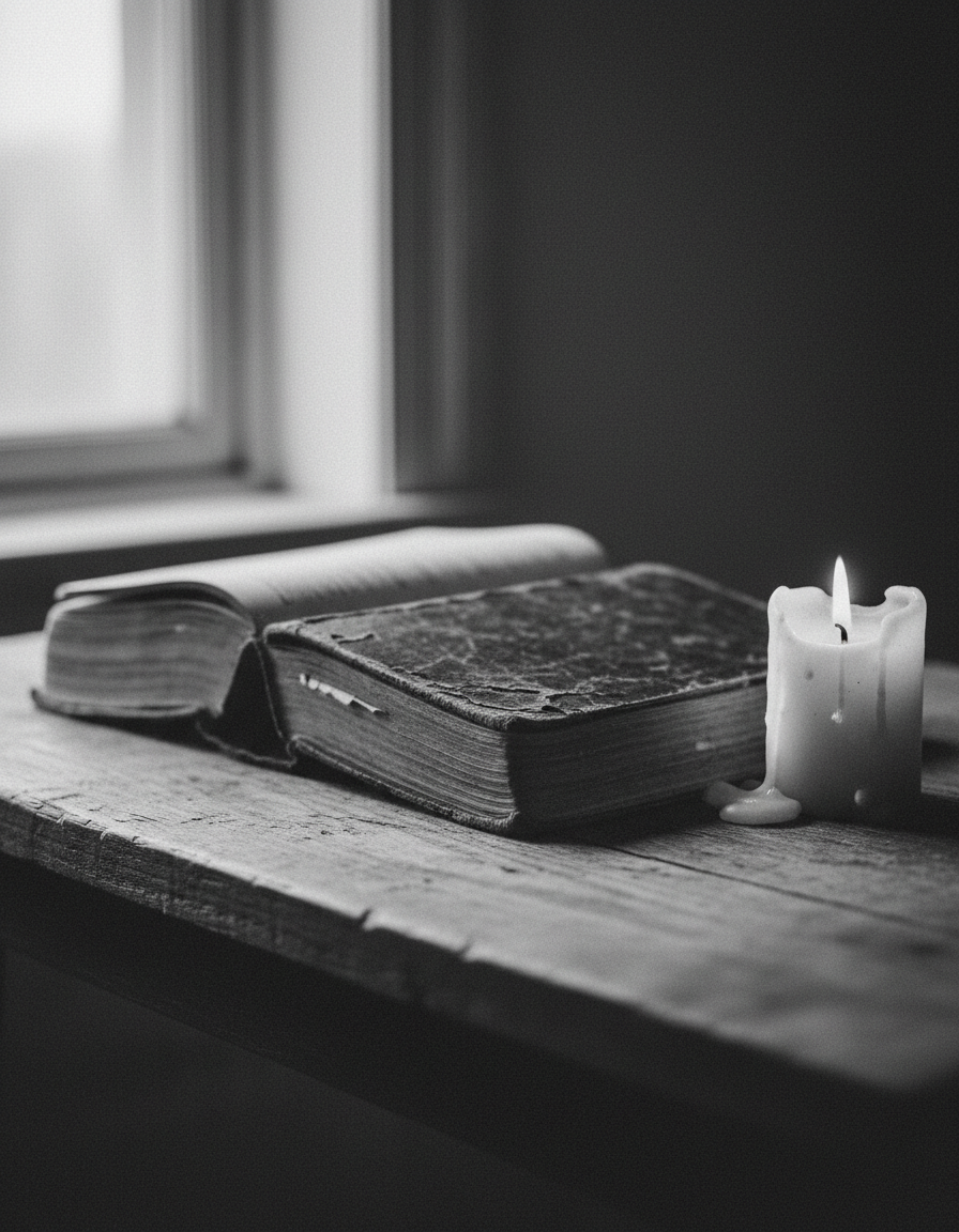 Open worn book beside a lit candle on a wooden table in soft window light