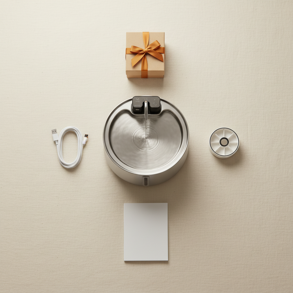 Contenu de la boîte : la fontaine Felinoe, un filtre, le câble de recharge, la notice et un cadeau surprise