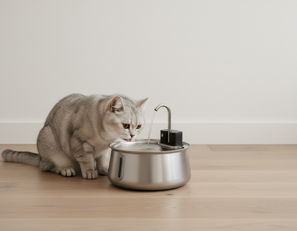 Un chat British Shorthair boit à la fontaine Felinoe posée sur un parquet clair