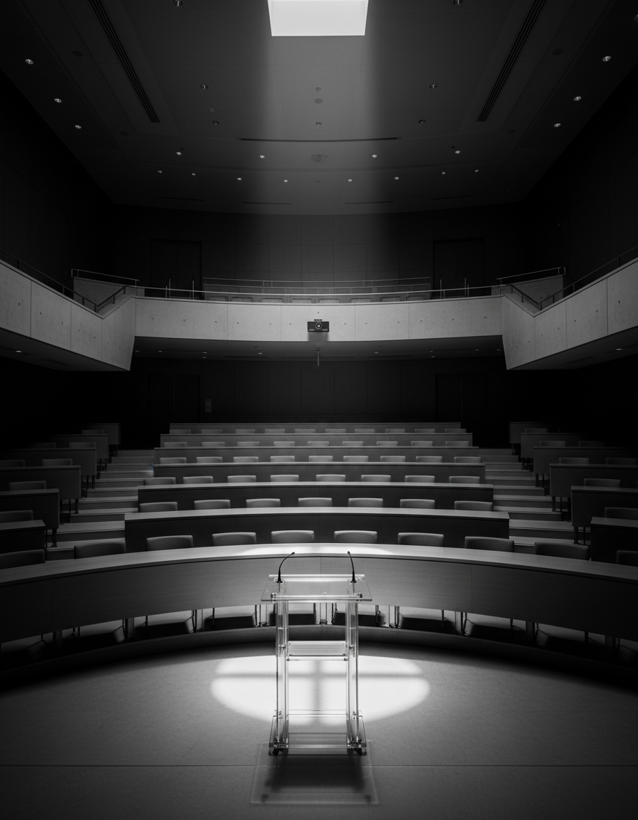 Empty tiered lecture hall with a single beam of light on the lectern