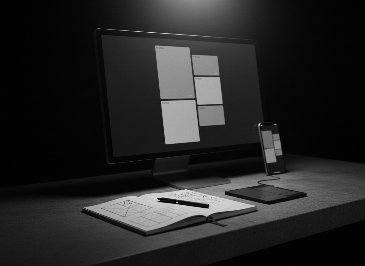 Designer's desk at night with app wireframes on a monitor and phone