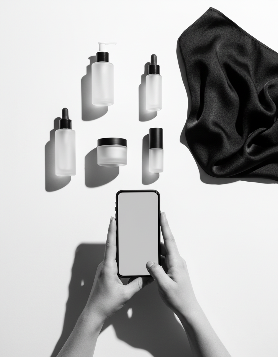Hands filming a flat-lay of skincare bottles and a folded black garment on a phone