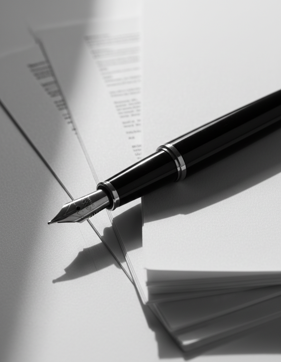Black fountain pen resting on a stack of paper documents in hard side light