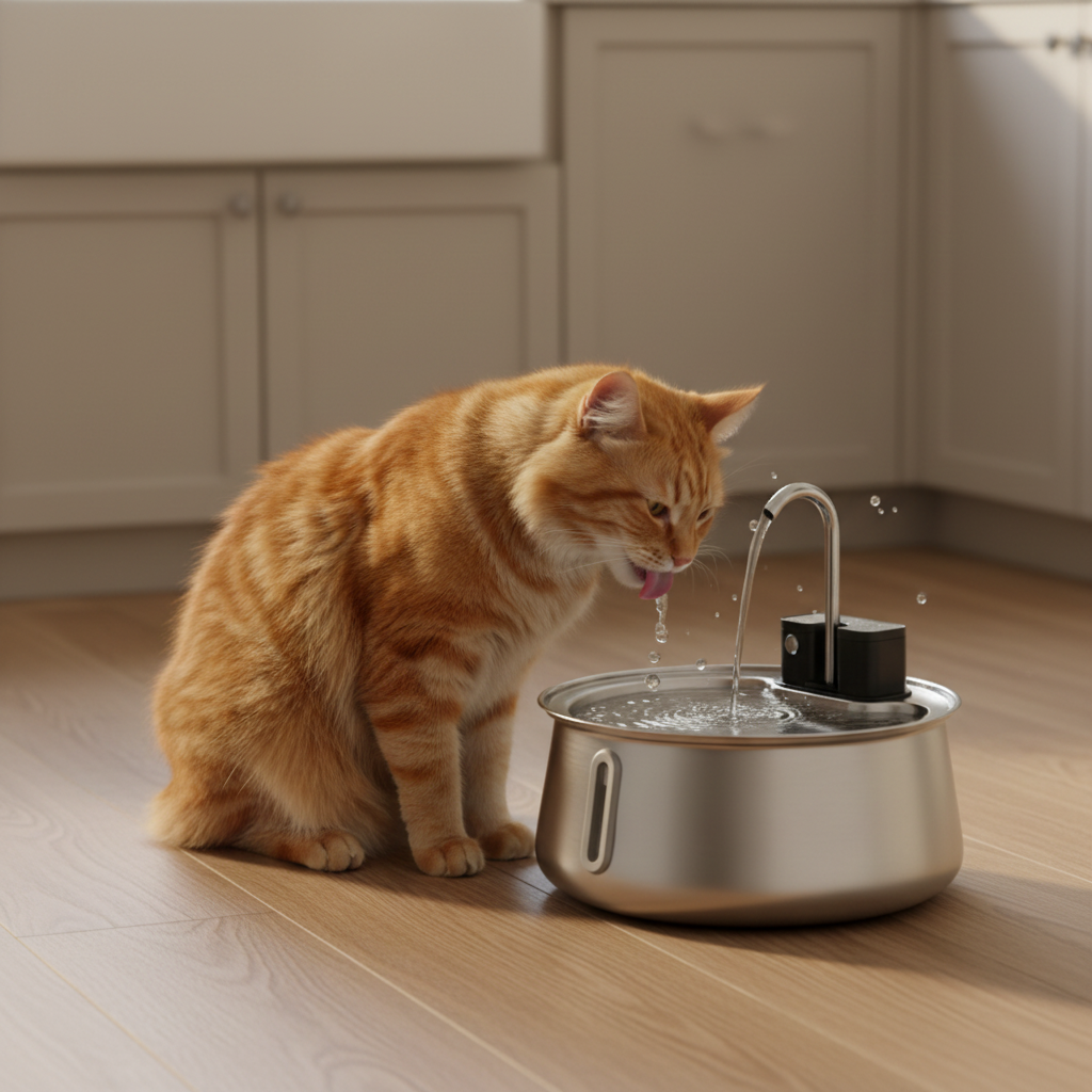 Un chat roux boit directement au filet d'eau de la fontaine Felinoe