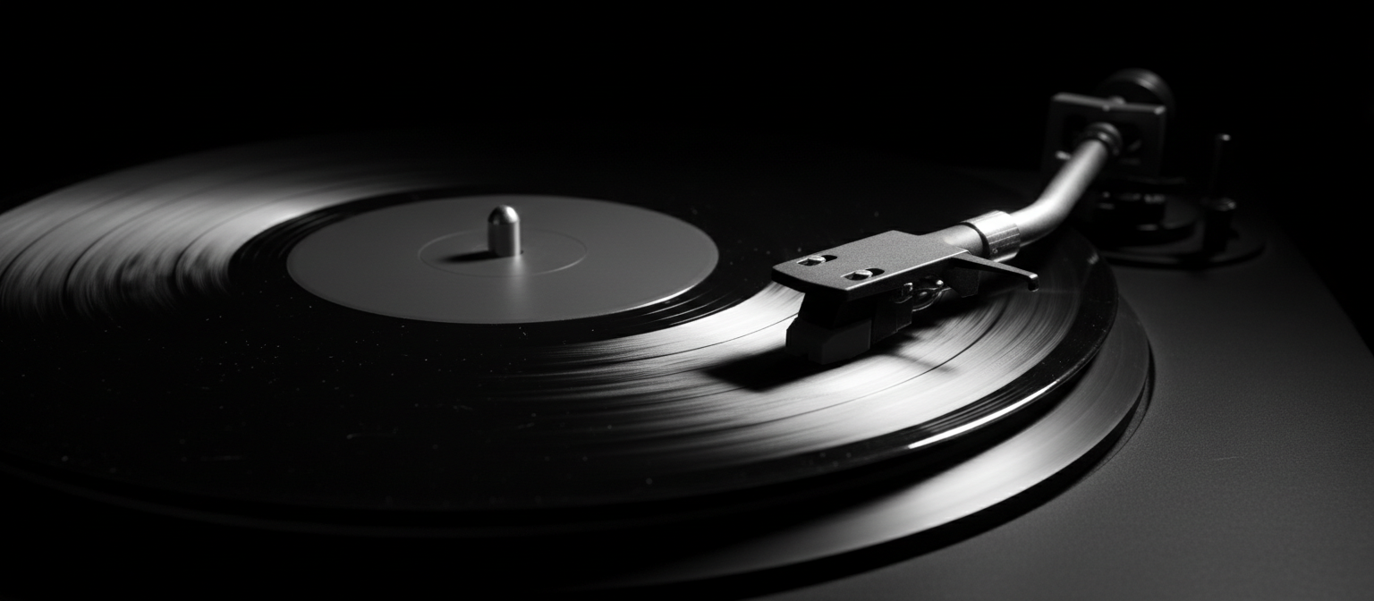 Vinyl record spinning on a turntable with the needle in the groove, lit from the side
