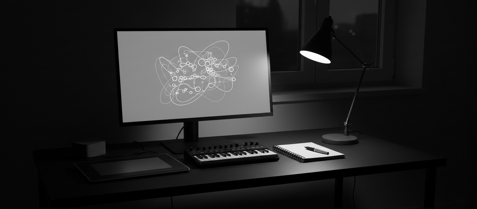 Creative workstation at night with a glowing monitor, drawing tablet and compact MIDI keyboard