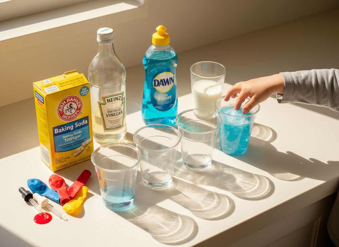 Baking soda, vinegar, milk and balloons laid out on a kitchen counter