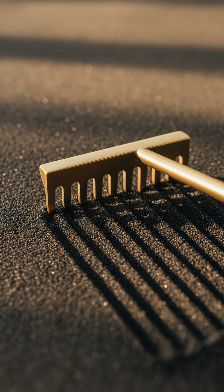 Macro overhead shot of a brass rake pulling grooves through black kinetic sand