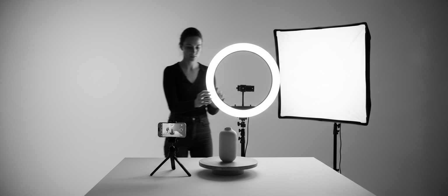 Content creator filming a product on a phone mounted on a tripod in a monochrome studio