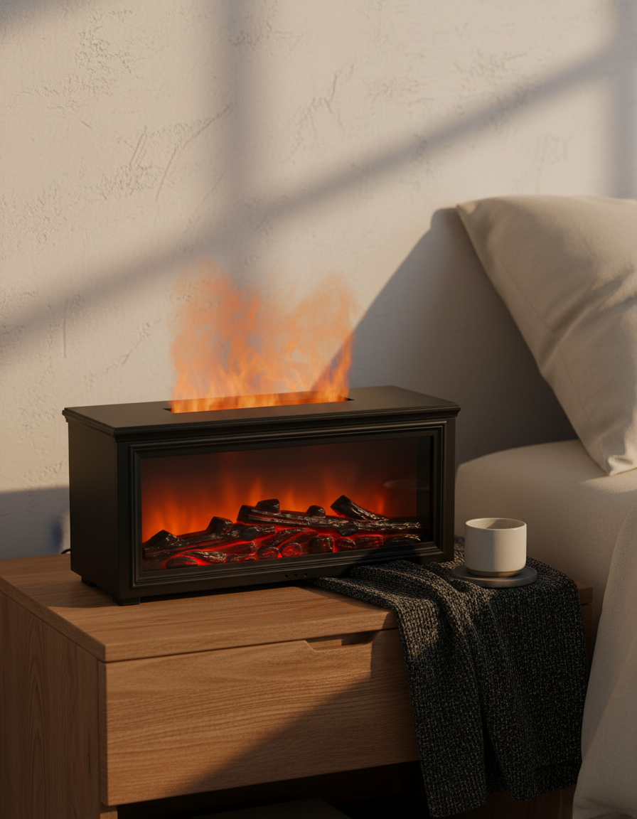 Vennly flame diffuser glowing amber on an oak nightstand beside cream linen bedding