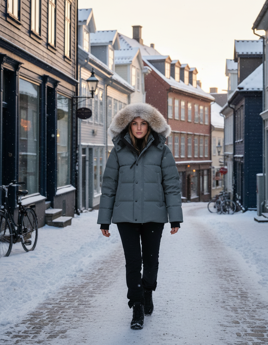 Model wearing the Canada Goose Langford Parka in a snowy city at golden hour