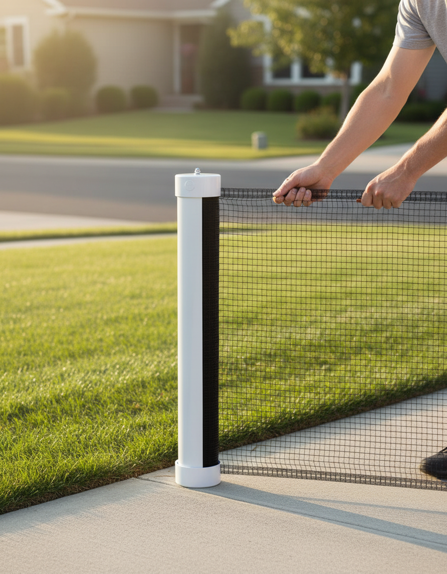 Hands pulling the retractable net out of its white post beside a driveway