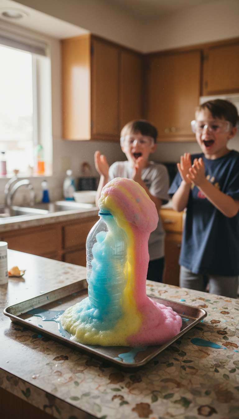 Elephant toothpaste foam shooting out of a bottle