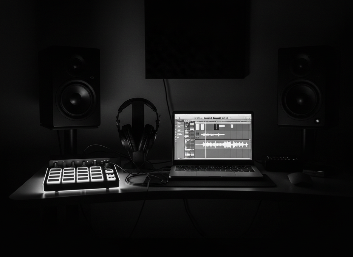 Home studio at night with a laptop running a DAW, pad controller and studio monitors