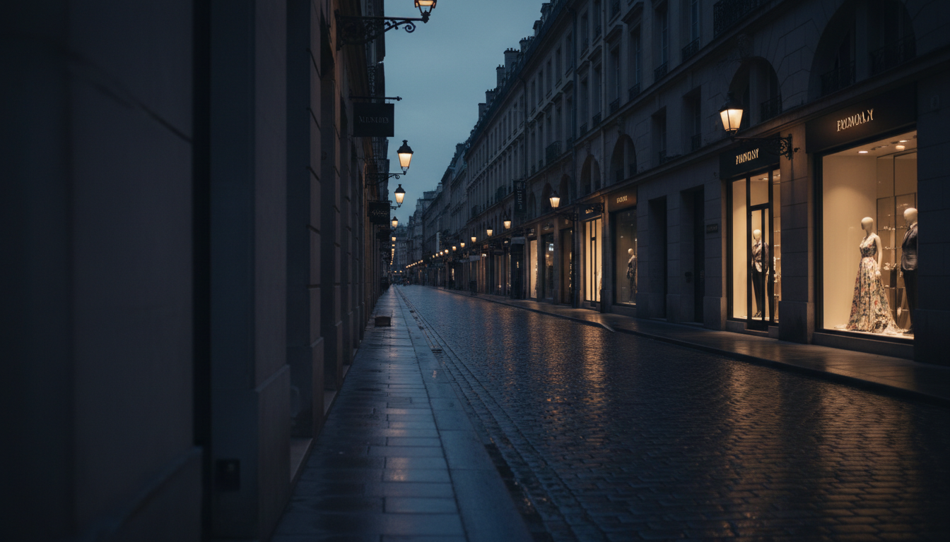 Elegant European boutique street at dusk with warm golden lights