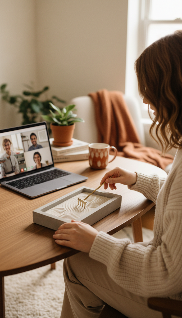Creative professional raking a desk zen garden during a video call