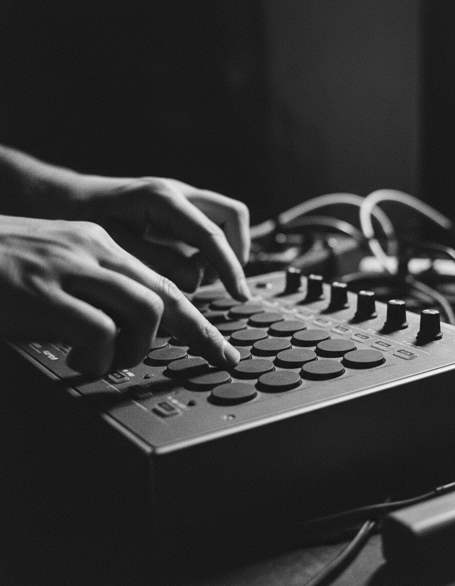 Producer's fingers tapping the pads of a drum machine in a dark studio