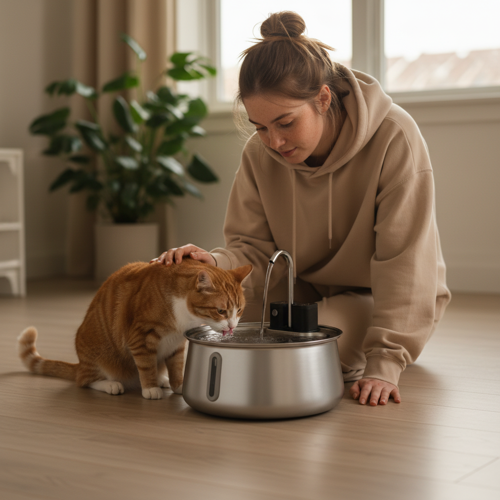 Une cliente caresse son chat roux qui boit à la fontaine Felinoe posée sur le parquet