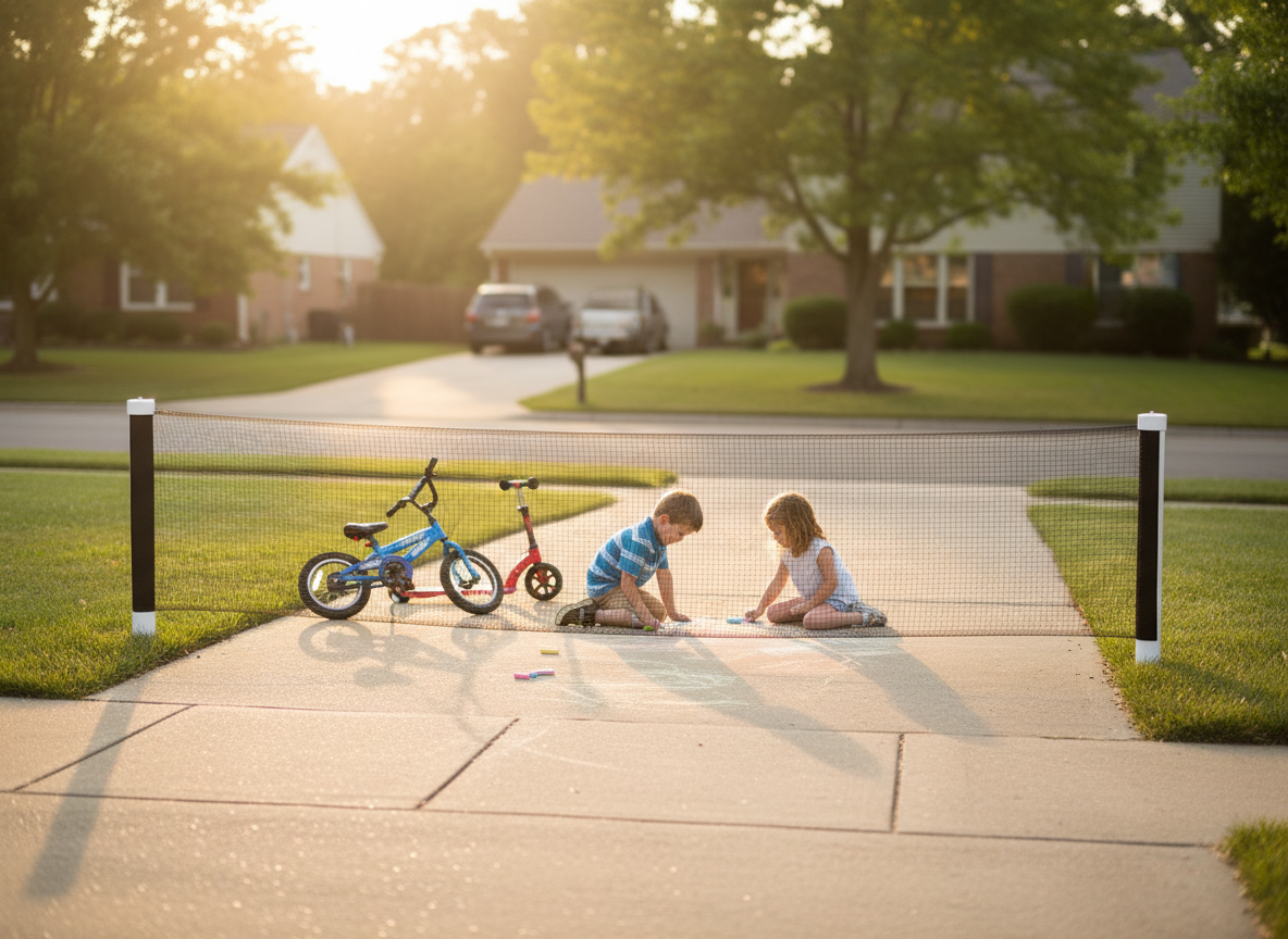 Children drawing with chalk on a driveway behind a black retractable safety net