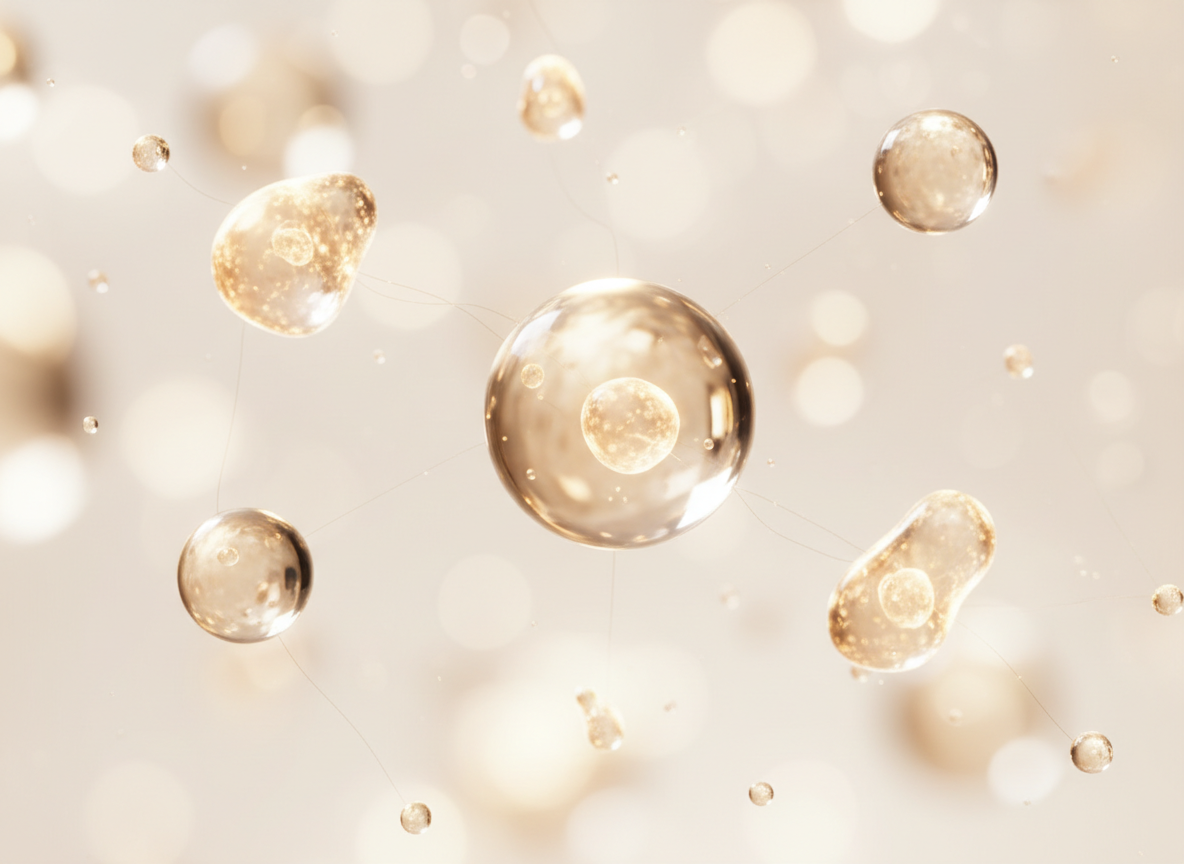 Translucent champagne-gold spheres suggesting cellular energy