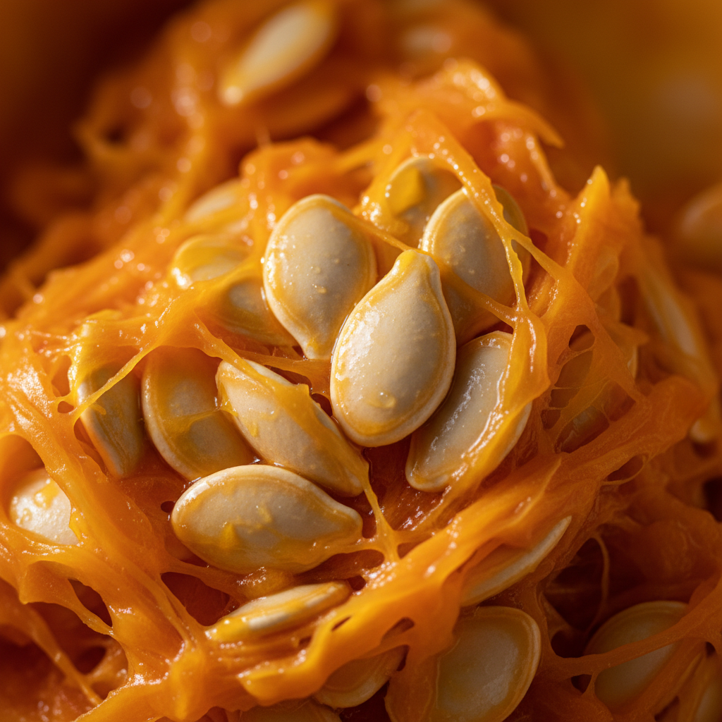 Fresh pumpkin seeds in bright orange pumpkin pulp