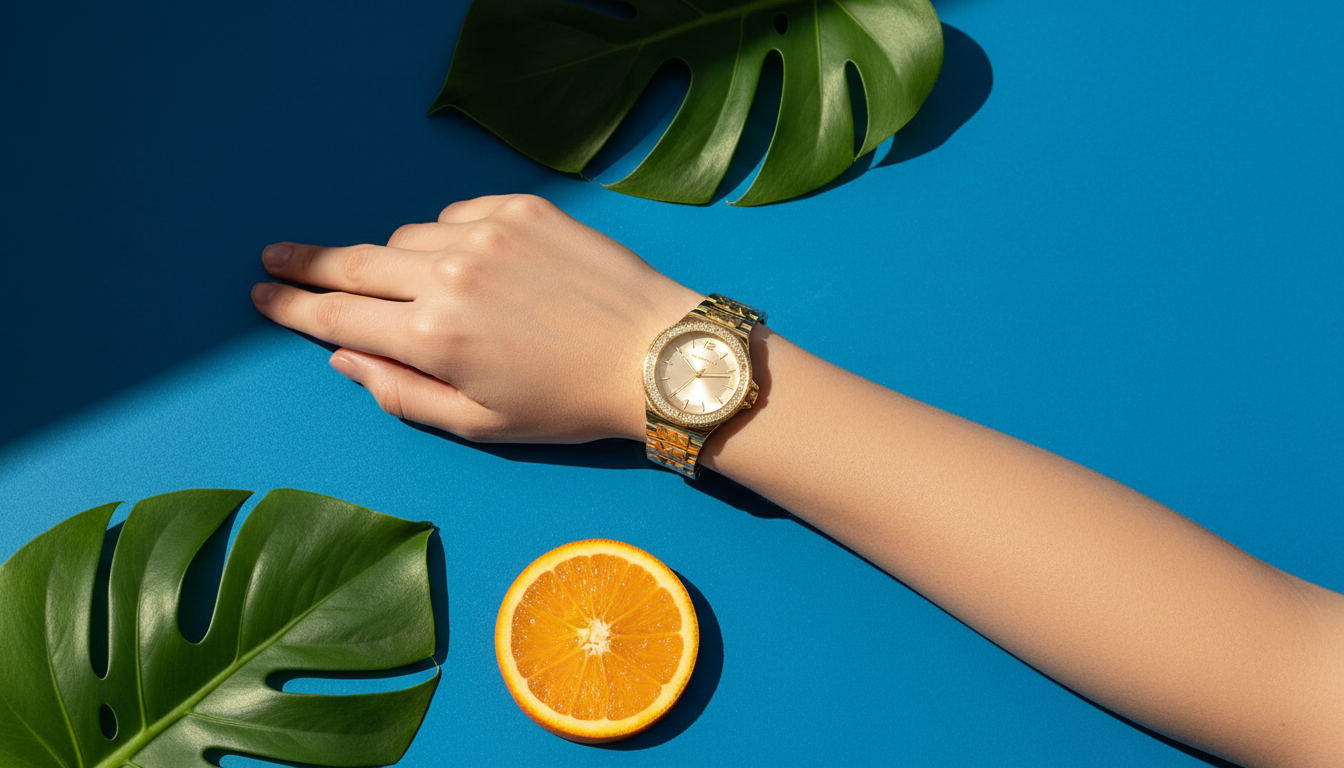 Poignet portant la montre dorée sur fond bleu vif avec feuilles vertes et orange