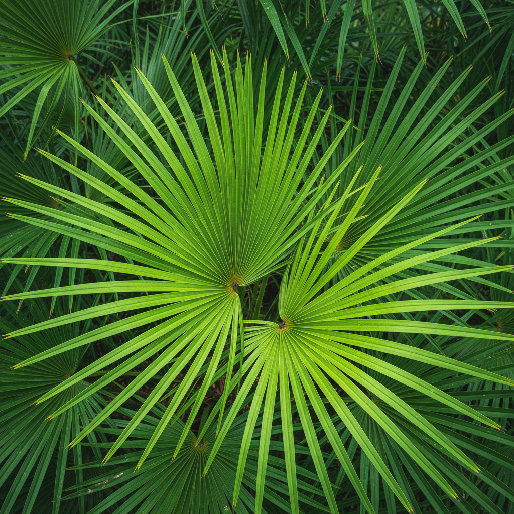 Green saw palmetto fronds fanning out from the center of the palm