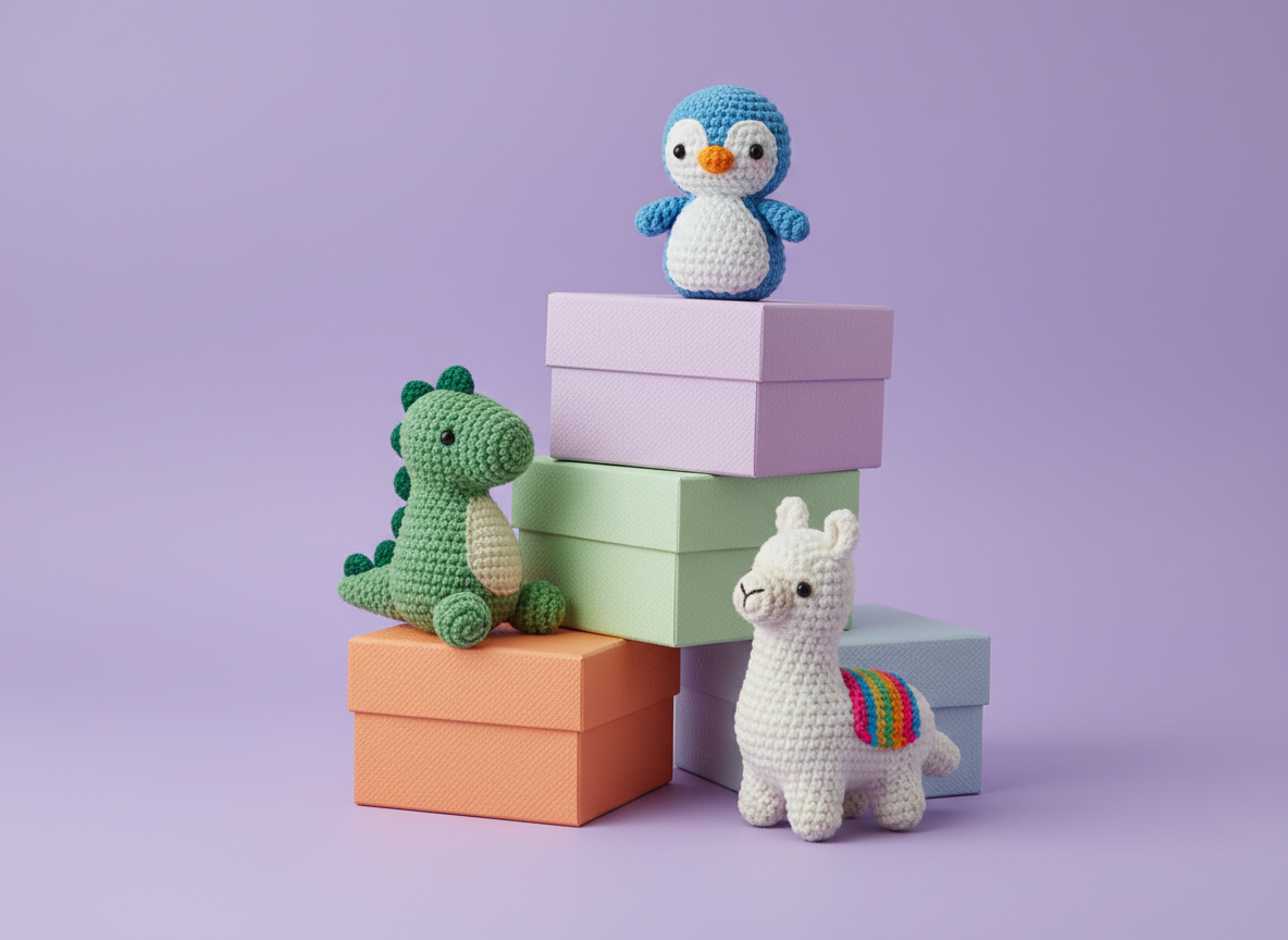 Colorful crochet kit gift boxes with crocheted penguin, dinosaur and llama