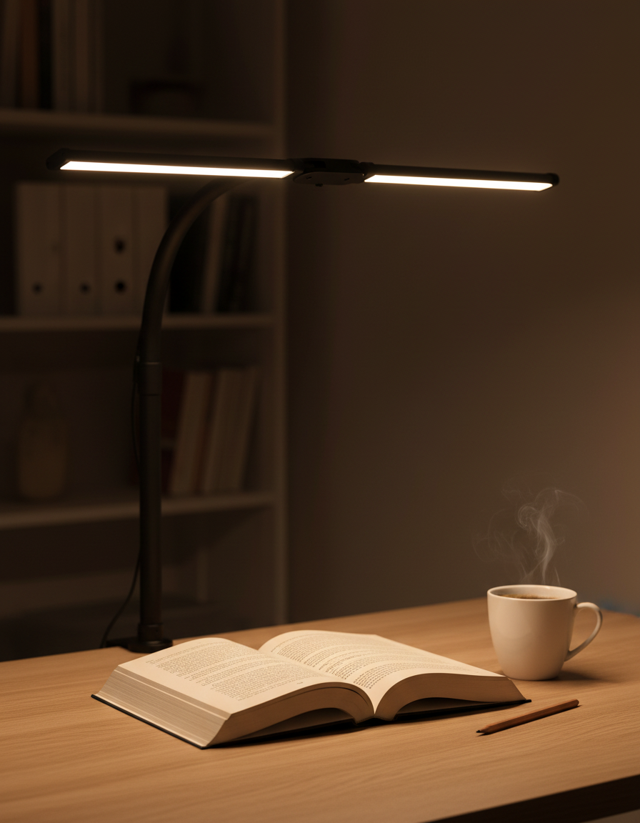 Open book and coffee mug under the warm glow of the LED desk lamp