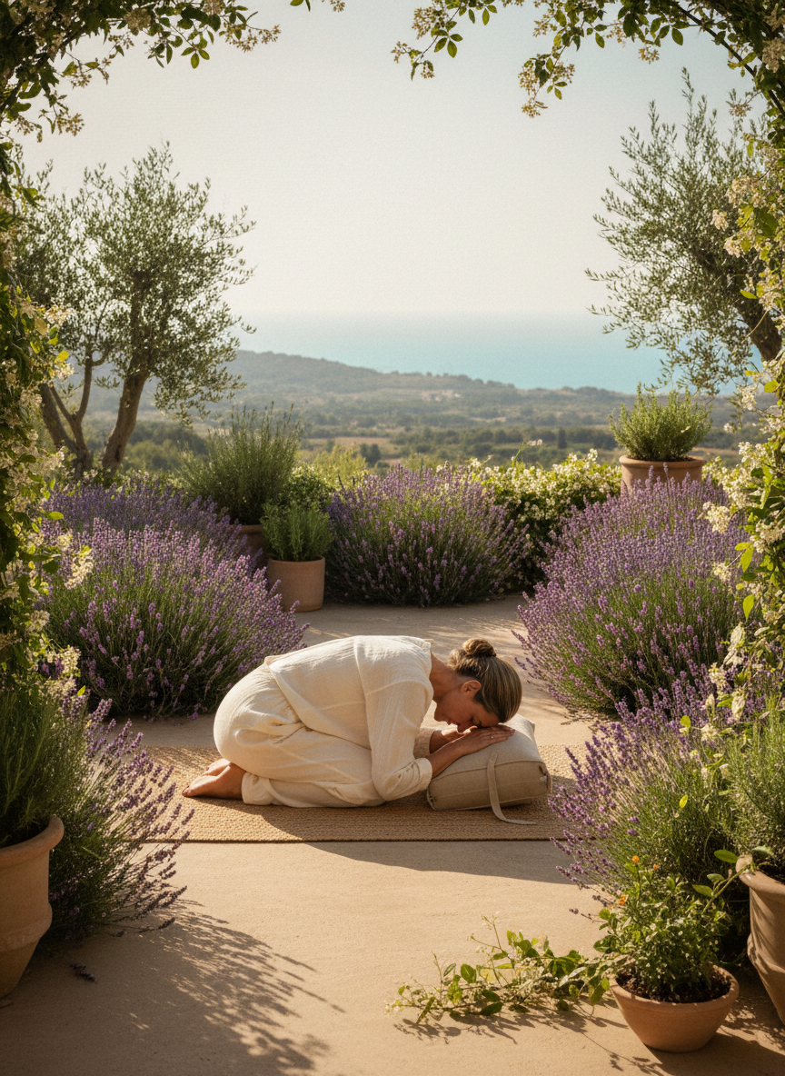 Woman in her forties practicing gentle yoga on a terrace among lavender