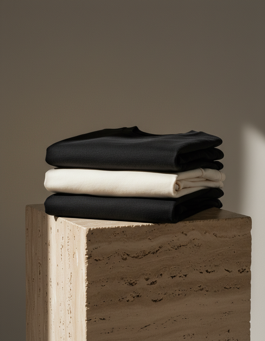 Folded black and off-white heavyweight cotton tees on a travertine plinth